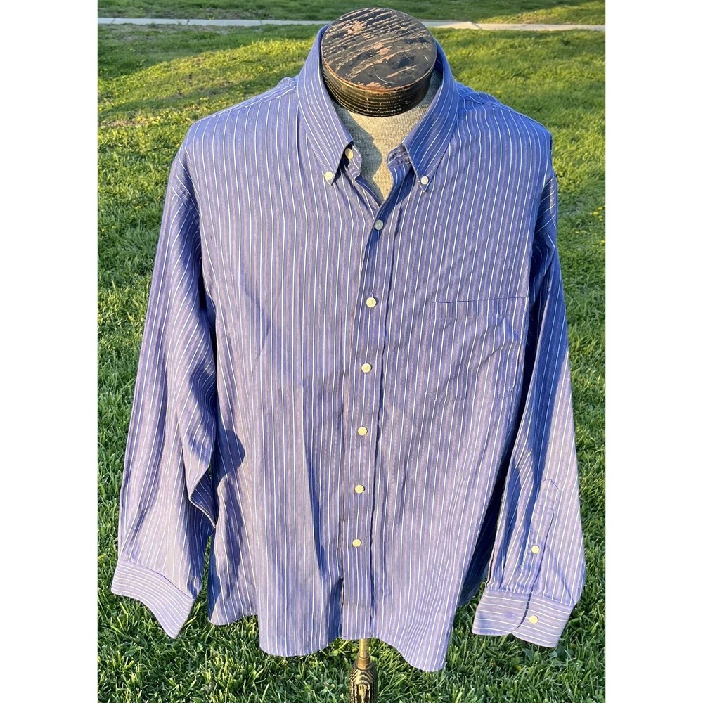 Chaps Shirt Mens‎ 2XL Blue Stripe Classic Fit Wrinkle Free Button Down Cotton